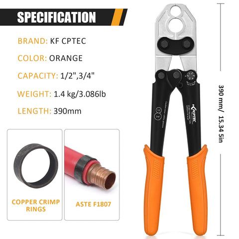 PEX Crimping Tool For One Half And Three Quarter Inch Copper Rings With Go No Go Gauge Meets ASTM F1807 Standard shown with specifications.