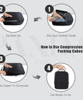 4 Piece Compression Packing Cubes Set For Travel Expandable Carry On Organizers Space Saving Luggage Bags Black usage steps.