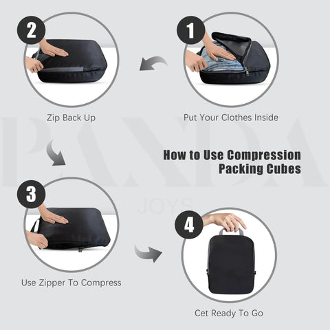 4 Piece Compression Packing Cubes Set For Travel Expandable Carry On Organizers Space Saving Luggage Bags Black usage steps.
