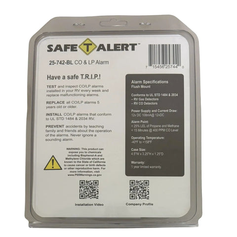 Compact Flush Mount Black RV LP and Carbon Monoxide Alarm featuring propane detection on packaging display.