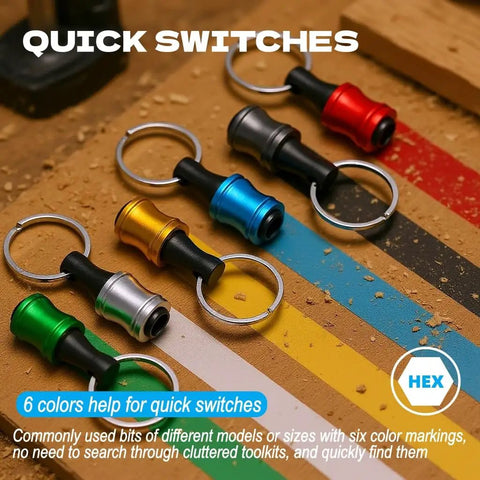 Colorful hex bit holders from 13 Piece Countersink Drill Bit Set With One Quarter Inch Hex Shank And Magnetic Extension Bit Holder For Woodworking.