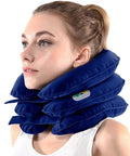 One Click Neck Traction Device With Built In Motor And Battery For Instant Home Pain Relief, worn by woman for comfort and support.