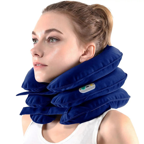 One Click Neck Traction Device With Built In Motor And Battery For Instant Home Pain Relief, worn by woman for comfort and support.