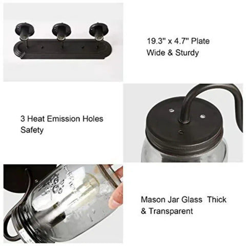 Farmhouse Mason Jar Vanity Light Fixtures 3 Light Wall Sconce details with mason jar glass, heat emission holes, and dimensions.