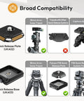 Camera Quick Release Plate And Tripod Mount Adapter For Gimbals Sliders And DSLRs With One Quarter Inch And Three Eighth Inch Screws Arca Swiss Compatible Up To Twenty Kilograms Built For Pro Grade Stability shown with compatible Arca Swiss system and tripod.