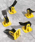 Pro Grade Tile Leveling System Kit With 200 Pcs Spacers And Replaceable Steel Pins on tile floor, black and yellow levelers visible