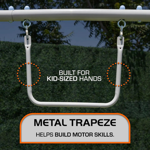 Outdoor Backyard Playset With 2 Swings, Glide Ride, Trapeze And 5Ft Wave Slide, trapeze bar detail for kid motor skills