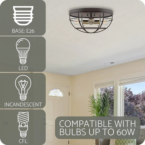 Industrial Farmhouse 18 Inch Five Light Cage Flush Mount Ceiling Light with Oil Rubbed Bronze Finish in room setting