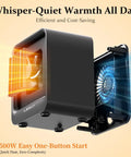 Image of Compact 1200W PTC Ceramic Space Heater showing internal ceramic grid and fan, labeled whisper-quiet warmth all day.
