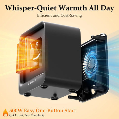Image of Compact 1200W PTC Ceramic Space Heater showing internal ceramic grid and fan, labeled whisper-quiet warmth all day.