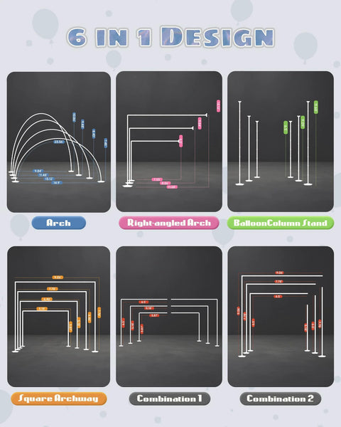 CORALMEE 6-in-1 Balloon Arch Stand Kit: six white-line diagrams of arch designs.