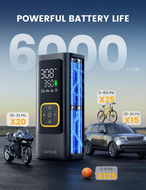 Portable Car Tire Inflator Air Compressor Cordless 150 PSI With Rechargeable Battery Digital Gauge and LED Light