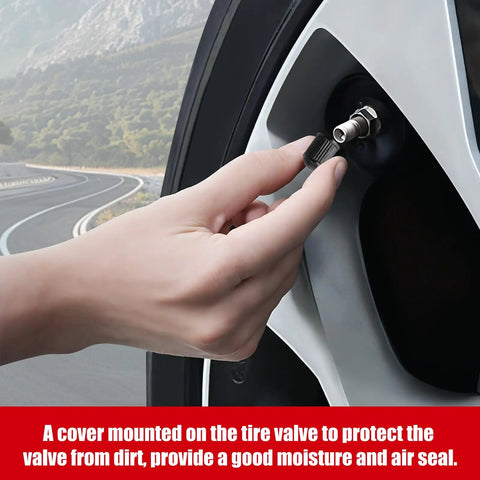 Hand attaching a Premium Tire Valve Cap With O Ring For Cars, Bicycles, Motorcycles, SUVs And Trucks Black 100 Count Pack onto wheel valve.