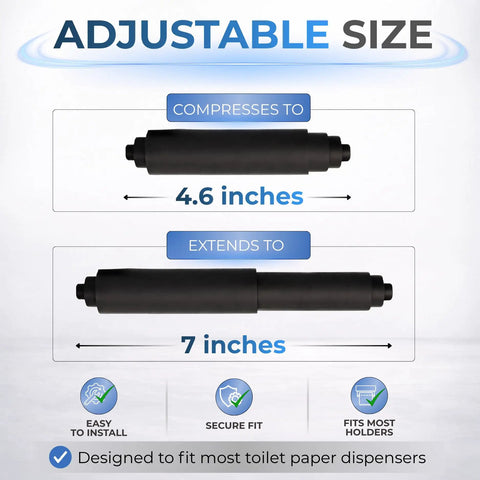 7 Inch Black Toilet Paper Roller Replacement Rod For Standard Size Holders Easy Install Durable Toilet Paper Holder Replacement Fits Most Rolls Smooth Function No More Hassle shown adjustable from 4.6 to 7 inches