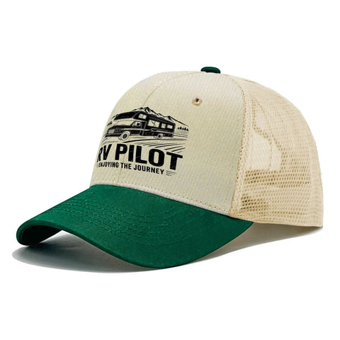 Dope RV Pilot Hat For Road Trips And Camping Adventures beige and green with adjustable back buckle