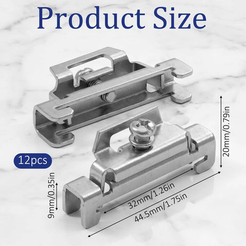 12 Piece DIN Rail End Stops Kit For 35mm Rails With Screw Clamps Galvanized Iron Alloy Ends That Lock Terminal Blocks No Slip And Secure Components In Electrical Panels And Control Cabinets. 12pcs end stops size view