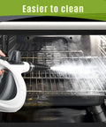 Straight Up Pressurized Handheld Steam Cleaner With Twelve Quick Swap Attachments in use inside an oven cleaning grimy racks.