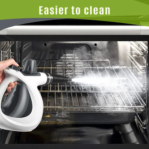 Straight Up Pressurized Handheld Steam Cleaner With Twelve Quick Swap Attachments in use inside an oven cleaning grimy racks.