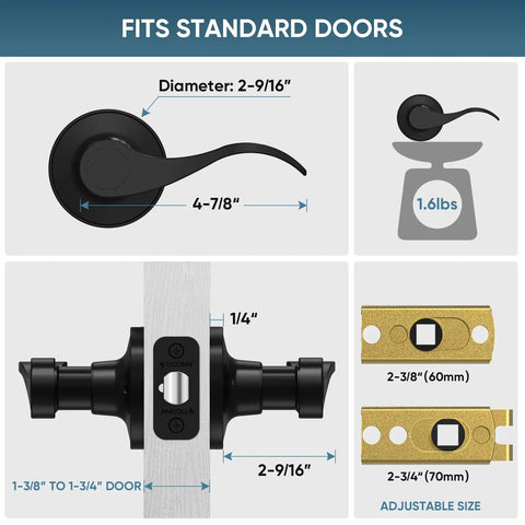 Traditional Wave Style Reversible Door Lever Set for Interior Doors and Closets, Matte Black Privacy Finish, adjustable size