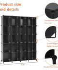 20 Cube Closet Organizer Storage System for Bedroom and Wardrobe, black modular unit with details on connectors and dimensions.