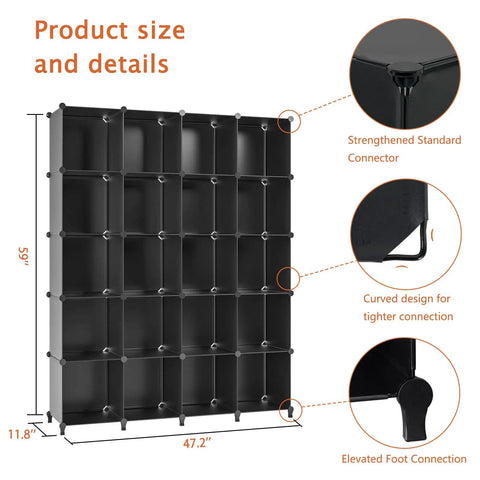 20 Cube Closet Organizer Storage System for Bedroom and Wardrobe, black modular unit with details on connectors and dimensions.