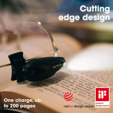 Rechargeable Reading Light Clip On For Glasses Or Headphones With LED Book Light, Headband Included, Award Winning Clip On Design, Made In Germany, Protective Case Included, The Ultimate Nighttime Reading Accessory shown on a book.