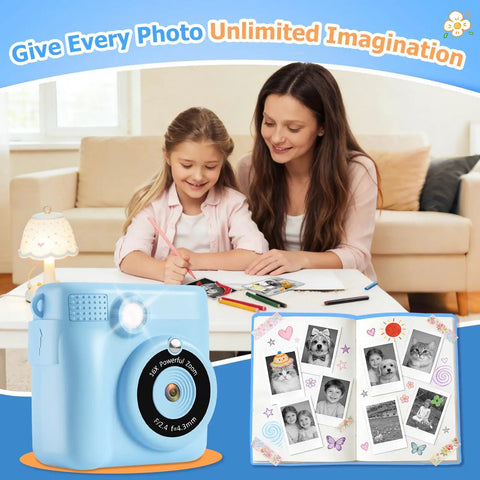 Kids Instant Print Camera For Ages 3 To 12 With Two Point Four Inch Eye Care Screen, 1080P Video, 18 Frames, Includes 3 Rolls Paper And 32GB SD Card