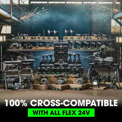 Multiple FLEX 24V tools displayed in a workshop, showing cross-compatibility with all Flex 24V products, including drills and chargers.