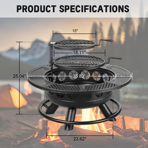 36 Inch Outdoor Fire Pit with Dual Grills and Lid, Wood Burning BBQ Pit for Backyard, product specifications with dimensions