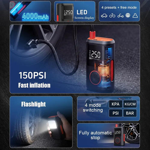 Cordless Tire Inflator Air Compressor For Land Rover Range Rover Electric Mla Flex Ev 2025 2026 with digital gauge and LED light.