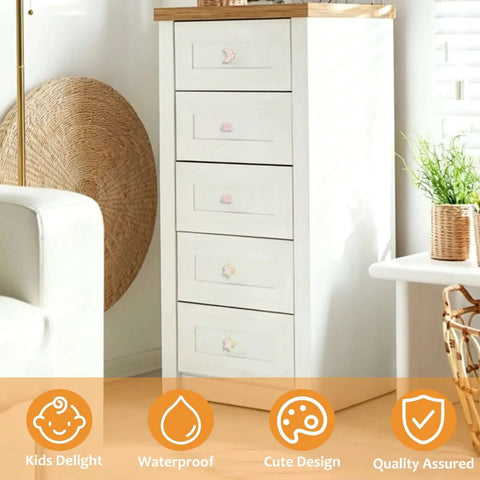 Decorative Pink Cloud Moon Star Cabinet Knobs Set, zinc alloy dresser knobs with smooth finish on white drawers.
