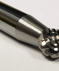Close-up of One Quarter Inch SD 1 Ball Bur Double Cut Solid Carbide with AlTiN Coating, showing cutting surface and shank detail