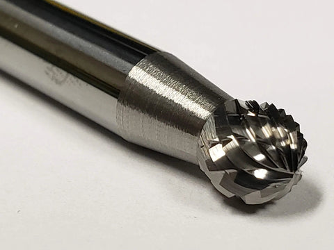 Close-up of One Quarter Inch SD 1 Ball Bur Double Cut Solid Carbide with AlTiN Coating, showing cutting surface and shank detail