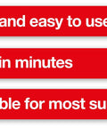Image showing red arrows with text 'Safe and easy to use', 'Sets in minutes', 'Suitable for most surfaces', promoting product benefits.