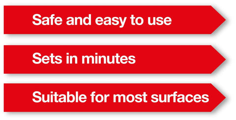Image showing red arrows with text 'Safe and easy to use', 'Sets in minutes', 'Suitable for most surfaces', promoting product benefits.
