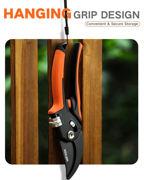 Eight Point Five Inch Stepless Handle Pruning Shears Bypass Garden Clipper hanging on a hook, bright orange handle.