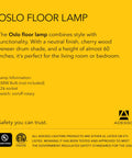 Product information sheet for Oslo floor lamp showing lamp features, dimensions, and safety certifications on a yellow background.