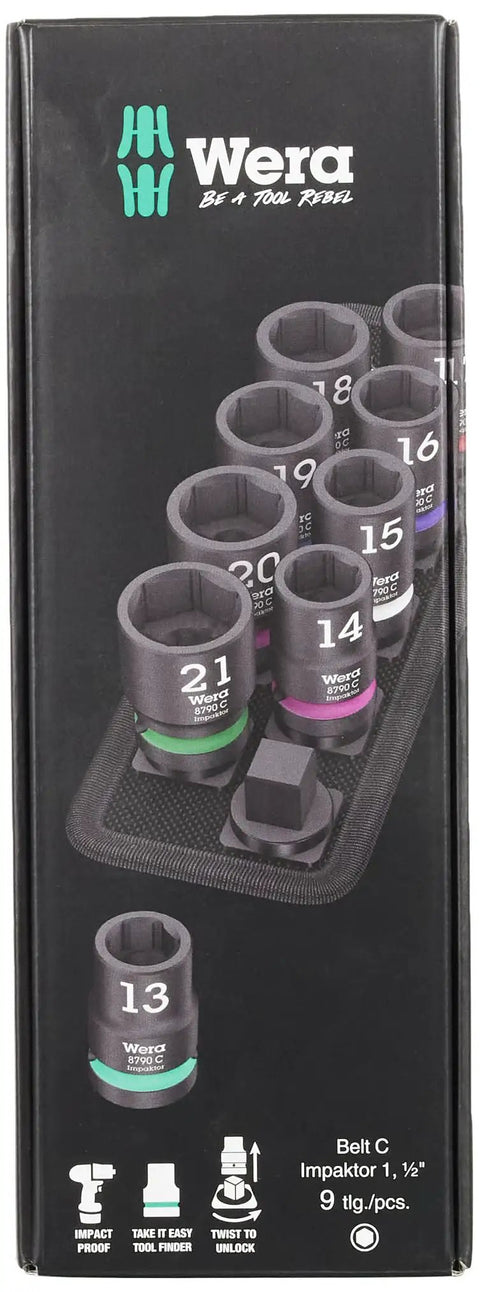 Belt C Impaktor 1 Socket Set, 1/2 Inch Drive, 9 Pieces, Rugged Textile Belt With Smooth Twist Unlock, Color Coded By Size.