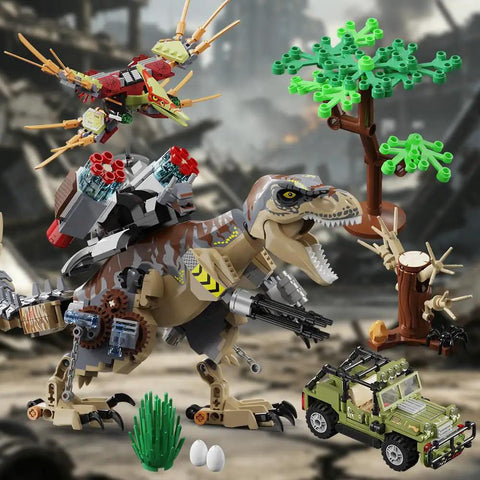 725 Piece Mechanical Dinosaur Attack Set With Tyrannosaurus Rex, Pterosaur And Off Road Vehicle In A Dino Park World Build Kit For Ages 6 To 14 And A Great Birthday Gift For Boys And Girls., mechanical T-Rex and pterosaur with off-road vehicle
