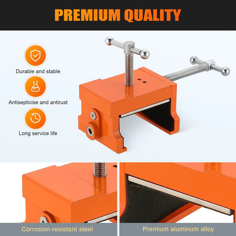 Dead Straight Cabinet Installation Clamps For Zero Sweat Face Frame Alignment Adjusts Snugly To Fit Any Cabinet Size Delivers A Hella Secure Grip Keeps Parts Locked Down During Build Slick Orange Two Pack close-up view of durable orange clamp with corrosion-resistant steel and premium aluminum alloy components.