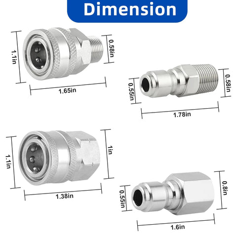 Wayona 8-piece stainless steel pressure washer quick-connect kit with 3/8 in fittings; multi-view diagram.