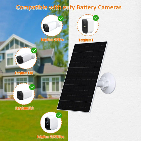 7W USB C Solar Panel Charger For EufyCam 2 Series And Other 5V Security Cams displayed with compatible cameras in garden