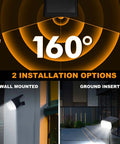 4 Pack Solar Spotlight Outdoor Lights Waterproof IP66 showcasing 160-degree coverage, wall and ground installation options