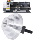 Mini Lathe Belt Transition Pulley with Spindle for MX 210 WM 210, aluminum, shown with lathe backdrop, replacement part for smoother shifts