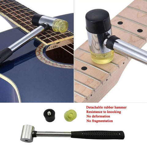 Close-up of detachable rubber hammer from Guitar Luthier Tool Kit 6 Pack With Fret Crowning File on guitar neck