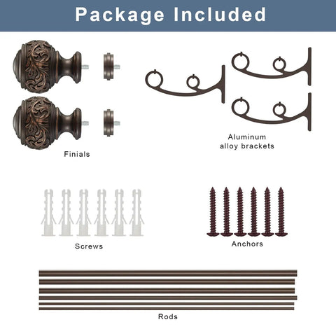 Package includes finials, aluminum alloy brackets, screws, anchors, and rods from 1 Inch Double Curtain Rod Telescoping Set For Windows 72 To 144 Inches, Classic Ball Finials, Premium Aluminum Brackets, Antique Bronze Finish, Heavy Duty Drapery Rod System That Holds Up To 30 Pounds.
