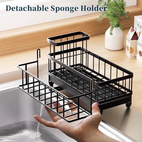 Auto Draining Sponge Holder For Kitchen Sink With Detachable Rack And High Brush Holder, black, in use by sink edge