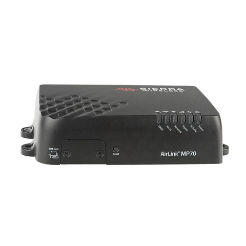 MP70 LTE-A Pro Mobile Router With 3x3 MIMO Wi-Fi 5, IP64 Outdoor Rated, compact black device, side view.
