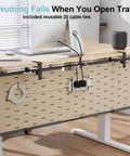 2 In 1 Under Desk Cable Management Tray And Privacy Panel With Dual Sided Felt Cord Organizer, shown installed on desk in gray khaki.