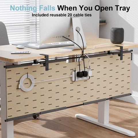 2 In 1 Under Desk Cable Management Tray And Privacy Panel With Dual Sided Felt Cord Organizer, shown installed on desk in gray khaki.